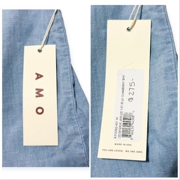 AMO Cooper Ruffled Chambray Shirt, Chambray, Size M, NWT, - Picture 10 of 14